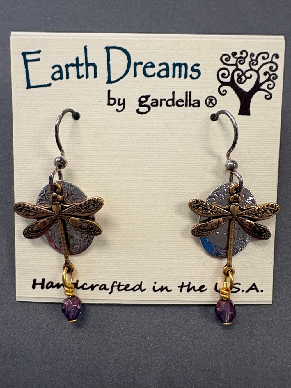 Earth Dreams by Gardella Purple Dragonfly Dangle Earrings